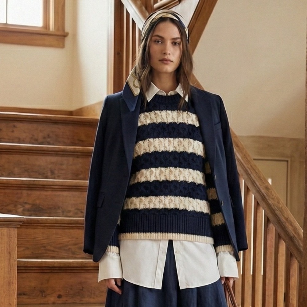 Zara Navy and Cream Striped Cable Knit Crewneck Sweater